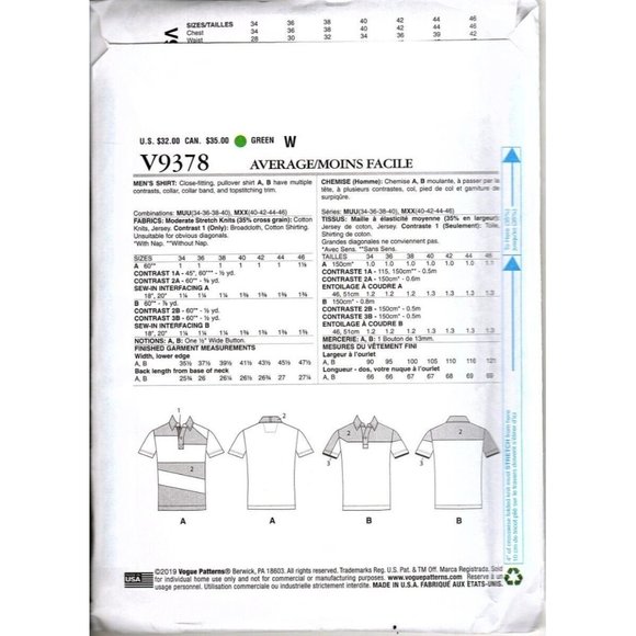 Vogue V9378 Mens 34 to 40 Collared Pullover Shirt Uncut Sewing Pattern - Picture 2 of 2